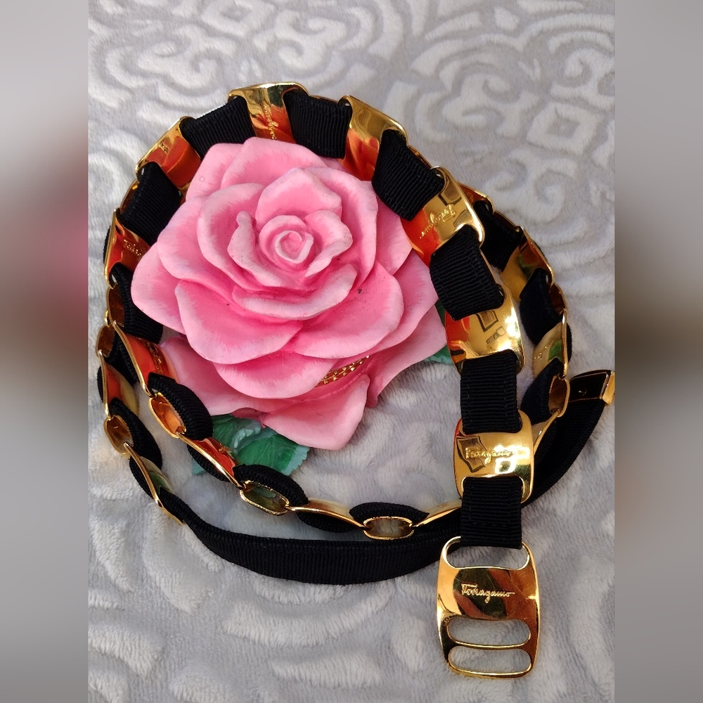 Vintage Salvatore Ferragamo Grosgrain Gold & Black Belt